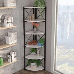 Resigilat:Etajera de colt cu pal-structura metal,seria 440, Homs, 160x45x29 cm, alb/negru,20489