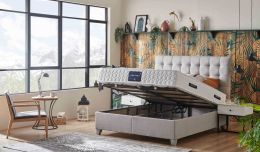 Pat king size tapitat cu lada si saltea Astra Homs, 200×200 cm