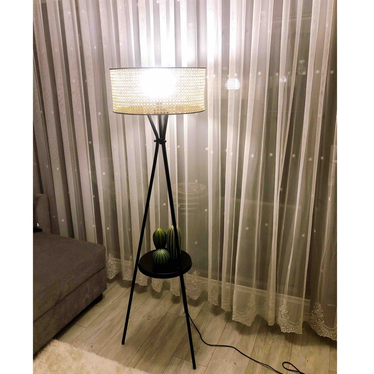 Lampadar cu masuta metal-textil,negru bej, Homs, 158cm