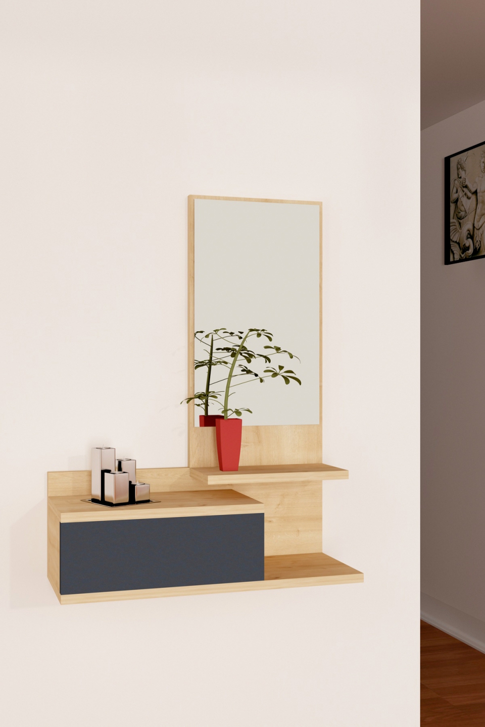 Resigilat:Corp suspendat cu oglinda pentru hol, Rose Homs, 60 x 90 x 31.3 cm, stejar/gri
