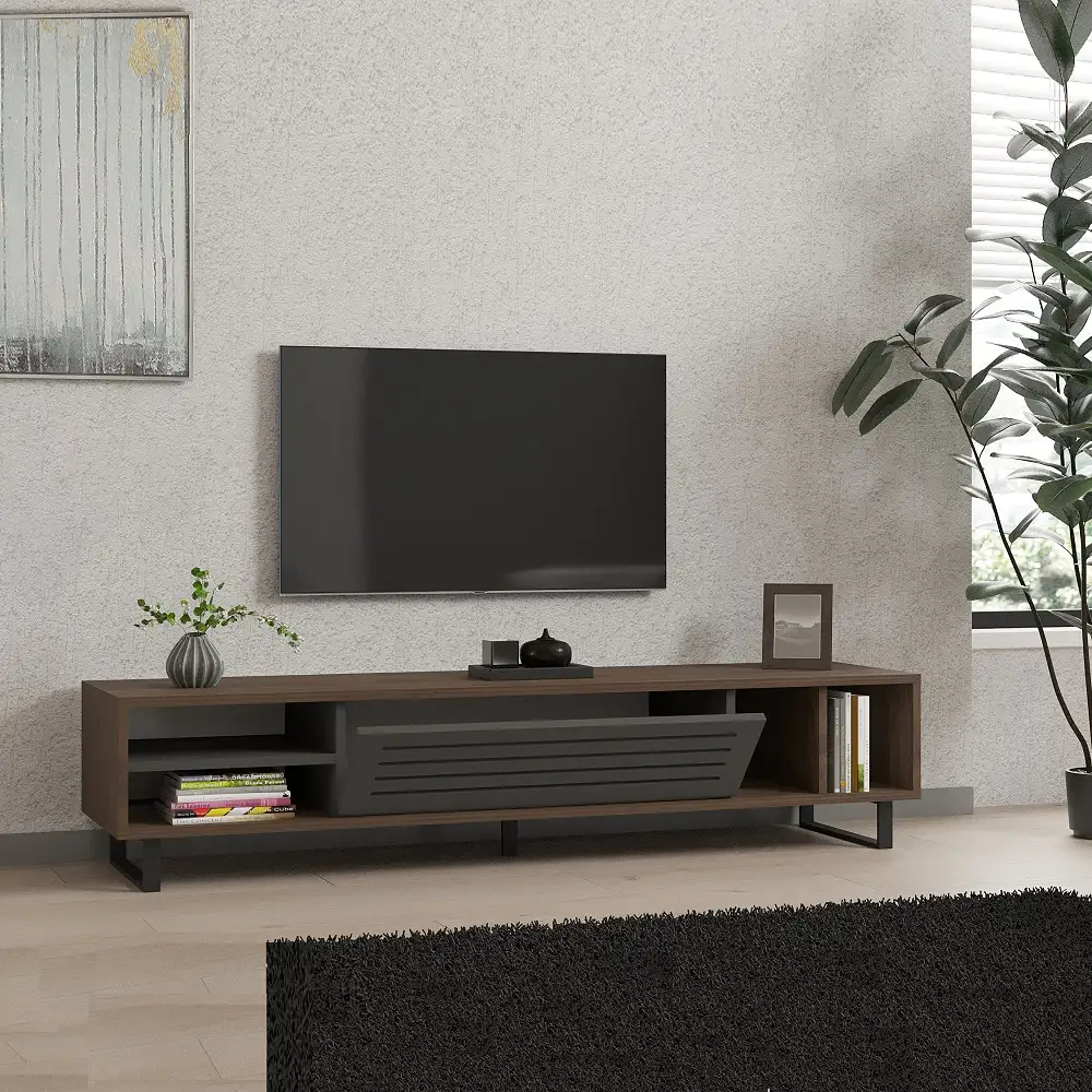 Comoda tv Maira pentru living culoare nuc si antracit 160 cm