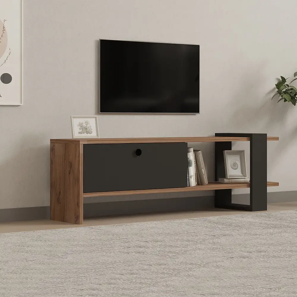 Comoda televizor Ova pentru living culoare antracit si nuc, 120 cm