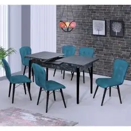 Set masa extensibila negru marmorat cu 6 scaune tapitate Beluga Turcoaz