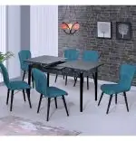 Set masa extensibila negru marmorat cu 6 scaune tapitate Beluga culoare turcoaz