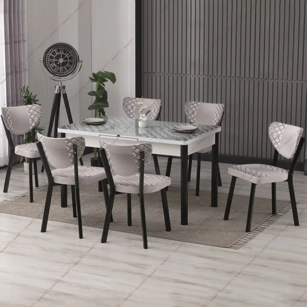 Set masa extensibila cu 6 scaune tapitate Rosia, sticla,170 cm