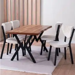Set Masa Barton din MDF cu 4 Scaune din metal, nuc si bej, 140 cm