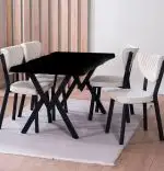 Set Masa Barton din MDF cu 4 Scaune  din metal, culaore negru si bej, 140 cm
