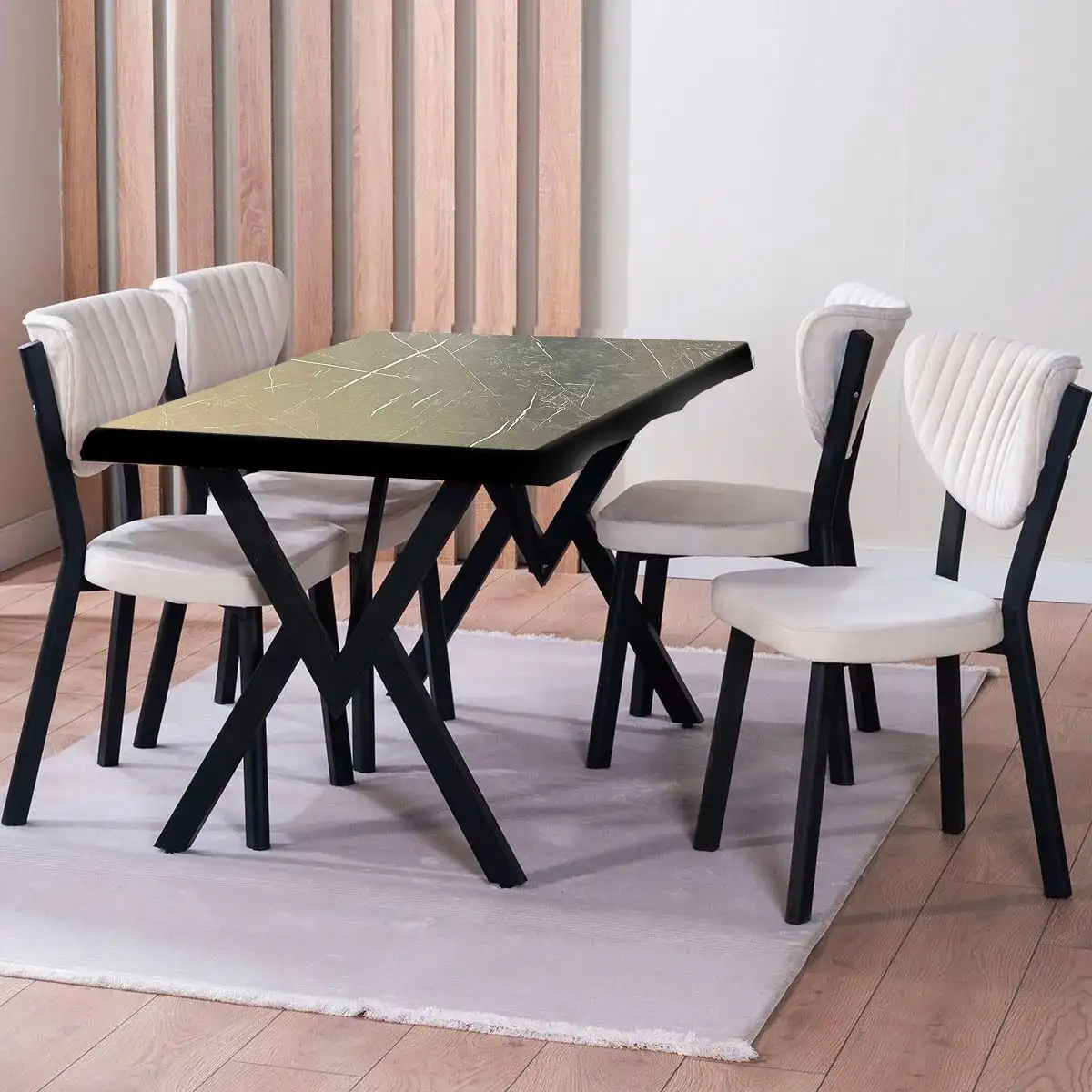 Set Masa Barton din MDF cu 4 Scaune  din metal, culaore negru si bej, 140 cm