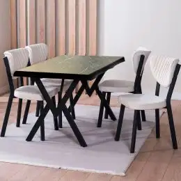 Set Masa Barton din MDF cu 4 Scaune  din metal, culaore negru si bej, 140 cm