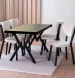 Set Masa Barton din MDF cu 4 Scaune  din metal, culaore negru si bej, 140 cm