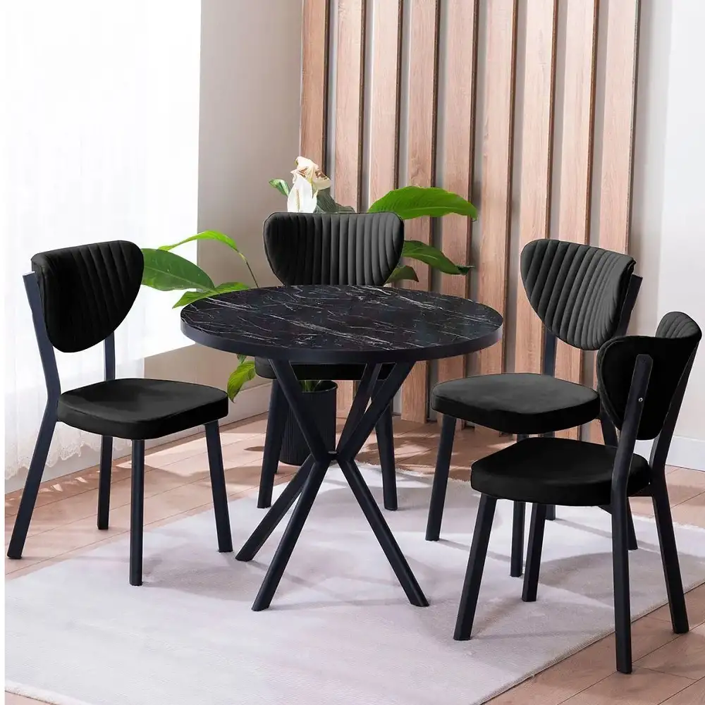 Set Masa Barton din MDF cu 4 Scaune  din metal, culaore negru, 140 cm