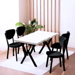 Set Masa Barton din MDF cu 4 Scaune  din metal, culaore alb si negru, 140 cm