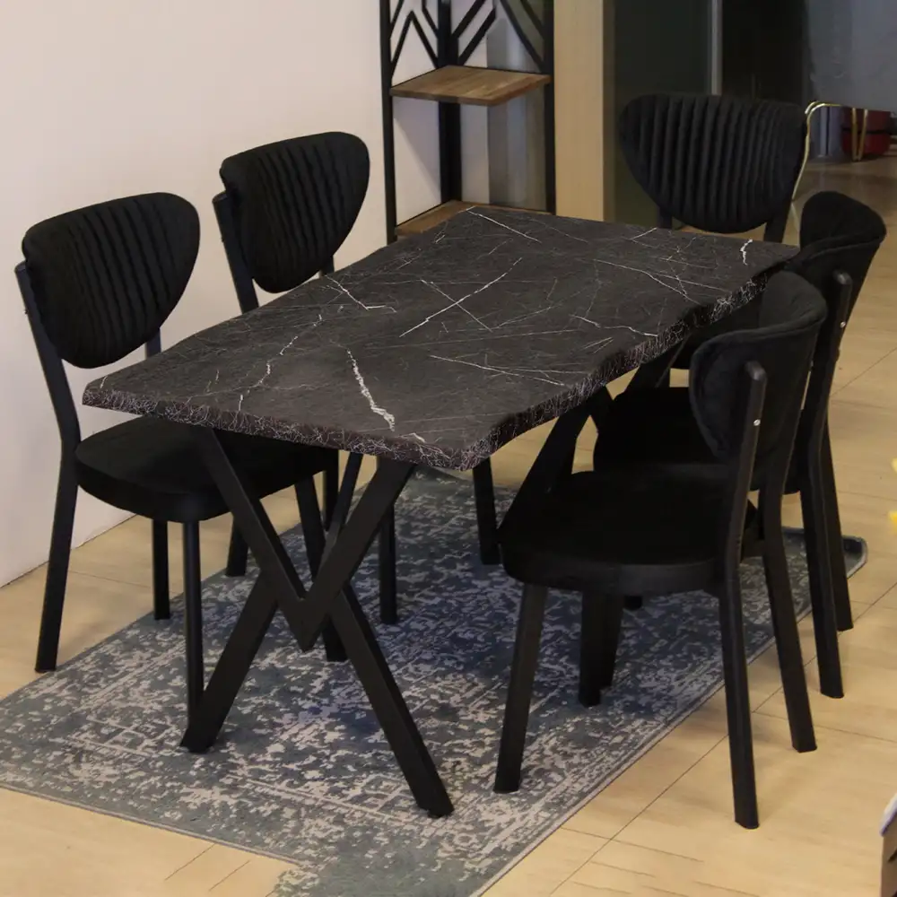 Set Masa Barton din MDF cu 4 Scaune  din metal, culaore negru si negru, 140 cm