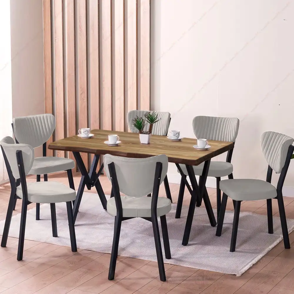 Set Masa Barton din MDF cu 6 Scaune  din metal, culaore alb si maro, 140 cm